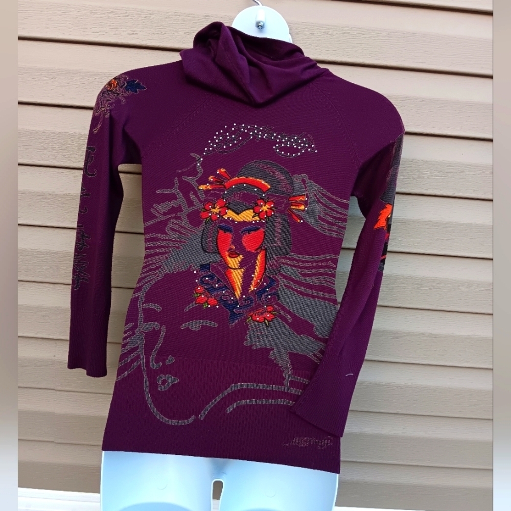 Vintage Ed Hardy 2000s Purple Graphic Hoodie Top Size S